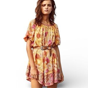 Spell Siren Song Tunic Mini Dress Oversized Short Sleeves Swan Print Yellow XS